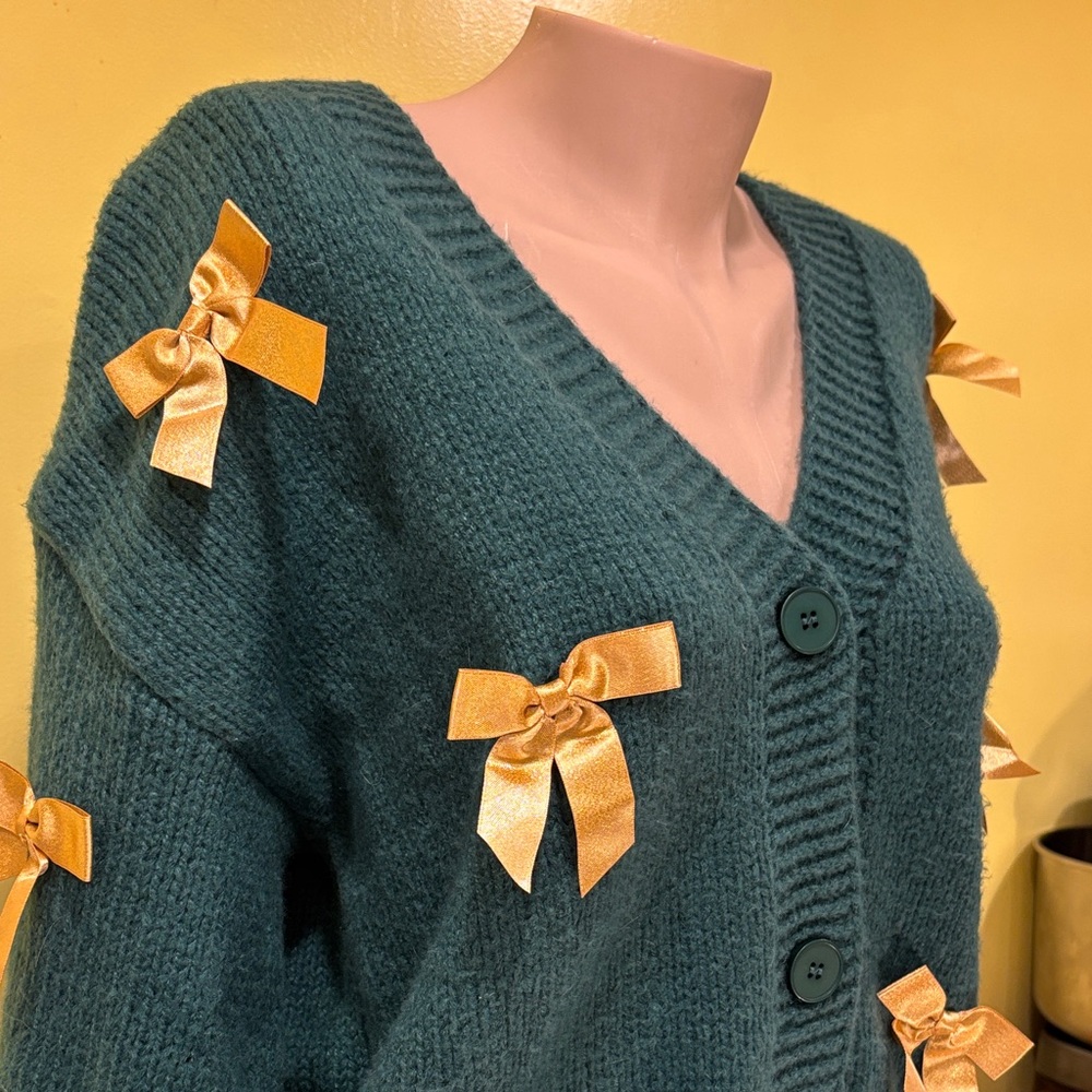 Forest Green Sweater with Gold Bow Accents
